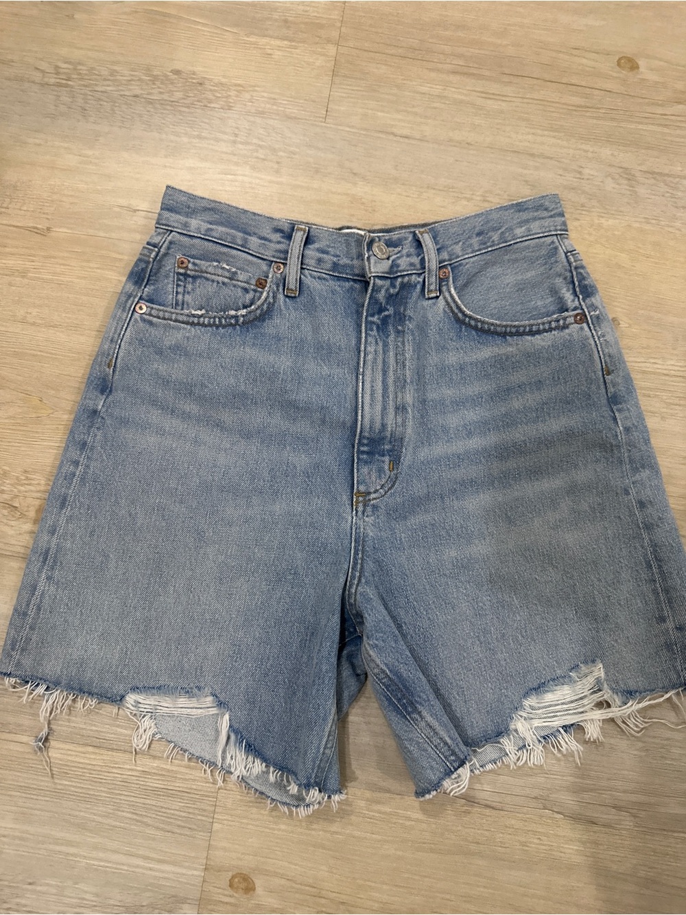 Agolde Light Blue High-Rise Distressed Denim Shorts